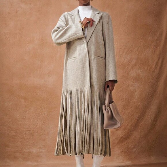 Light Grey Casual Women's Long Sleeves Fringed Hem Tweed Coat - Picture 7 of 8